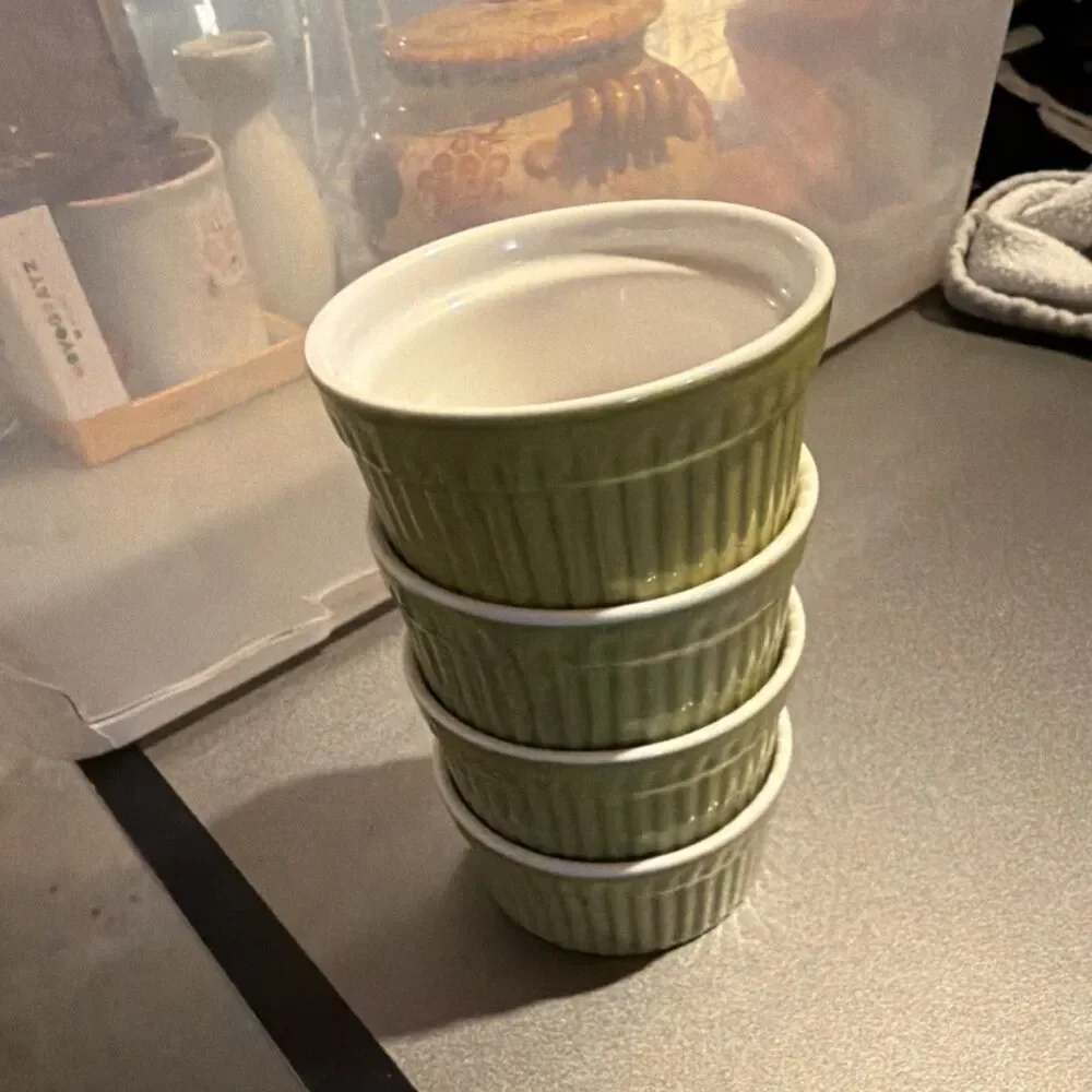 World Market Ceramic Ramekin Set of 4 Green White Oven Dishwasher Safe Round